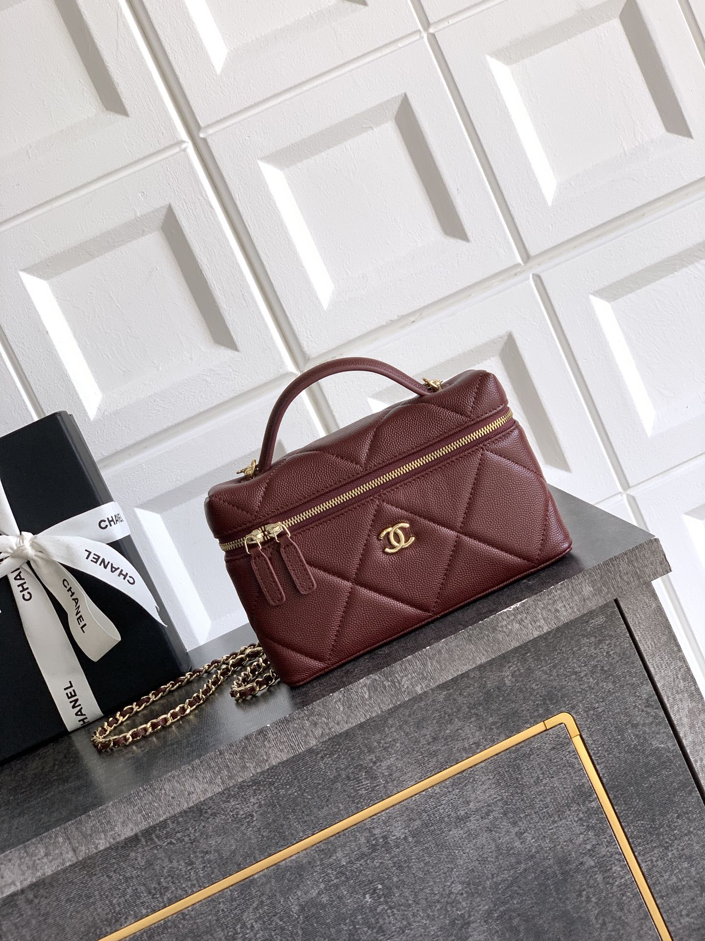 Chanel Wine Red Leather Vanity Bag with Chain Strap