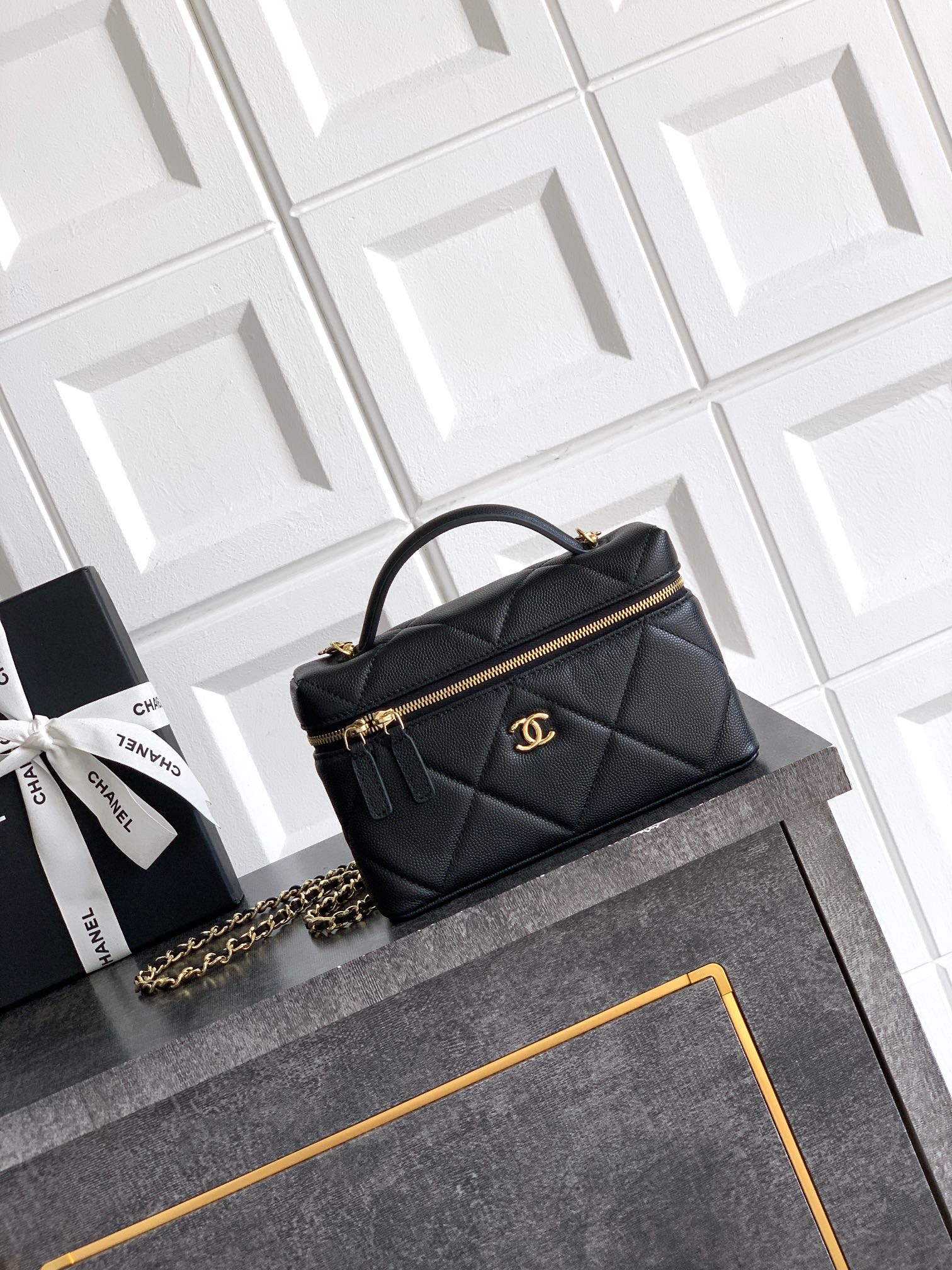 Chanel Black Quilted Leather Vanity Case with Chain Strap