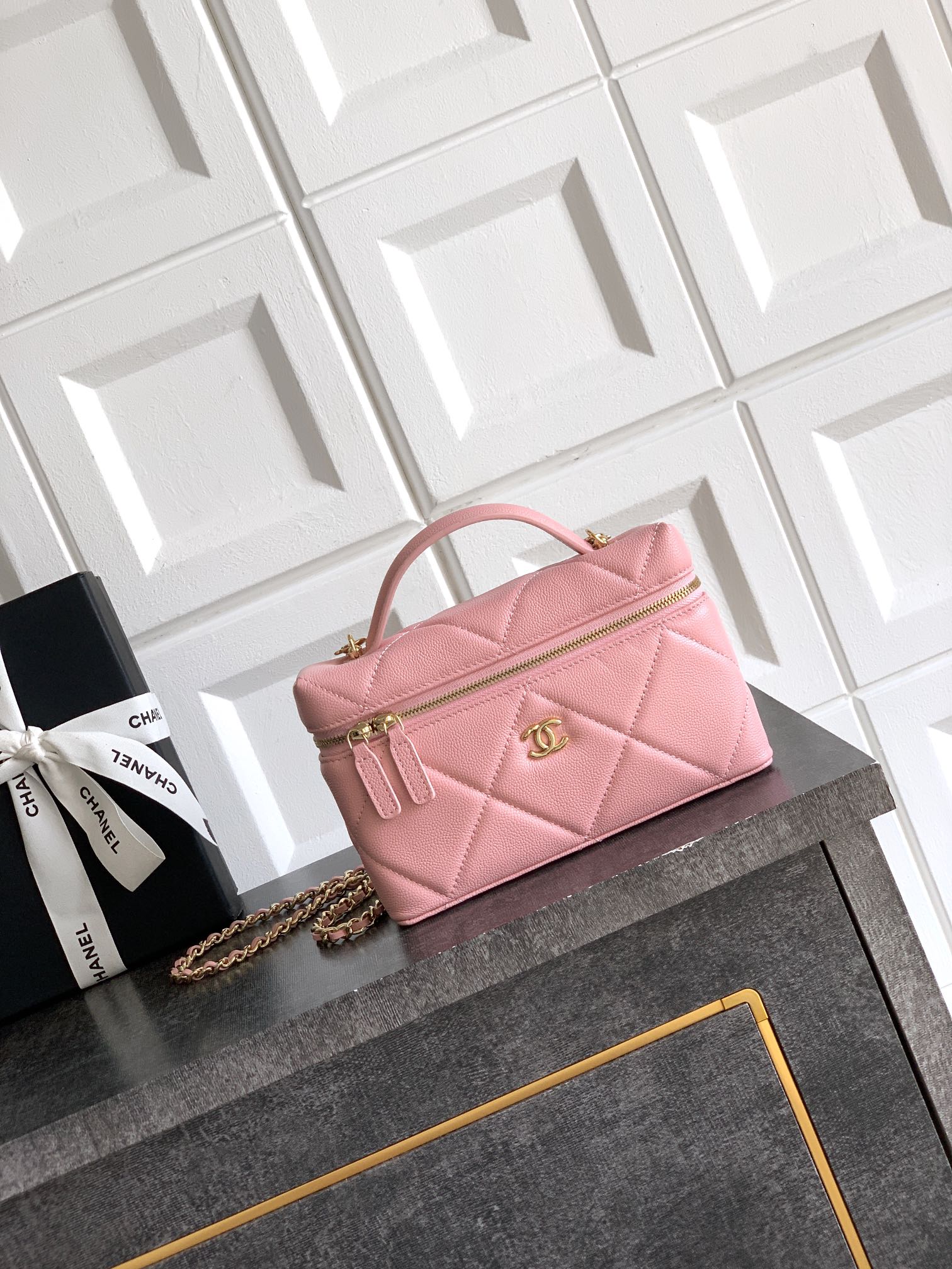 Chanel Pink Leather Vanity Bag with Chain and Top Handle