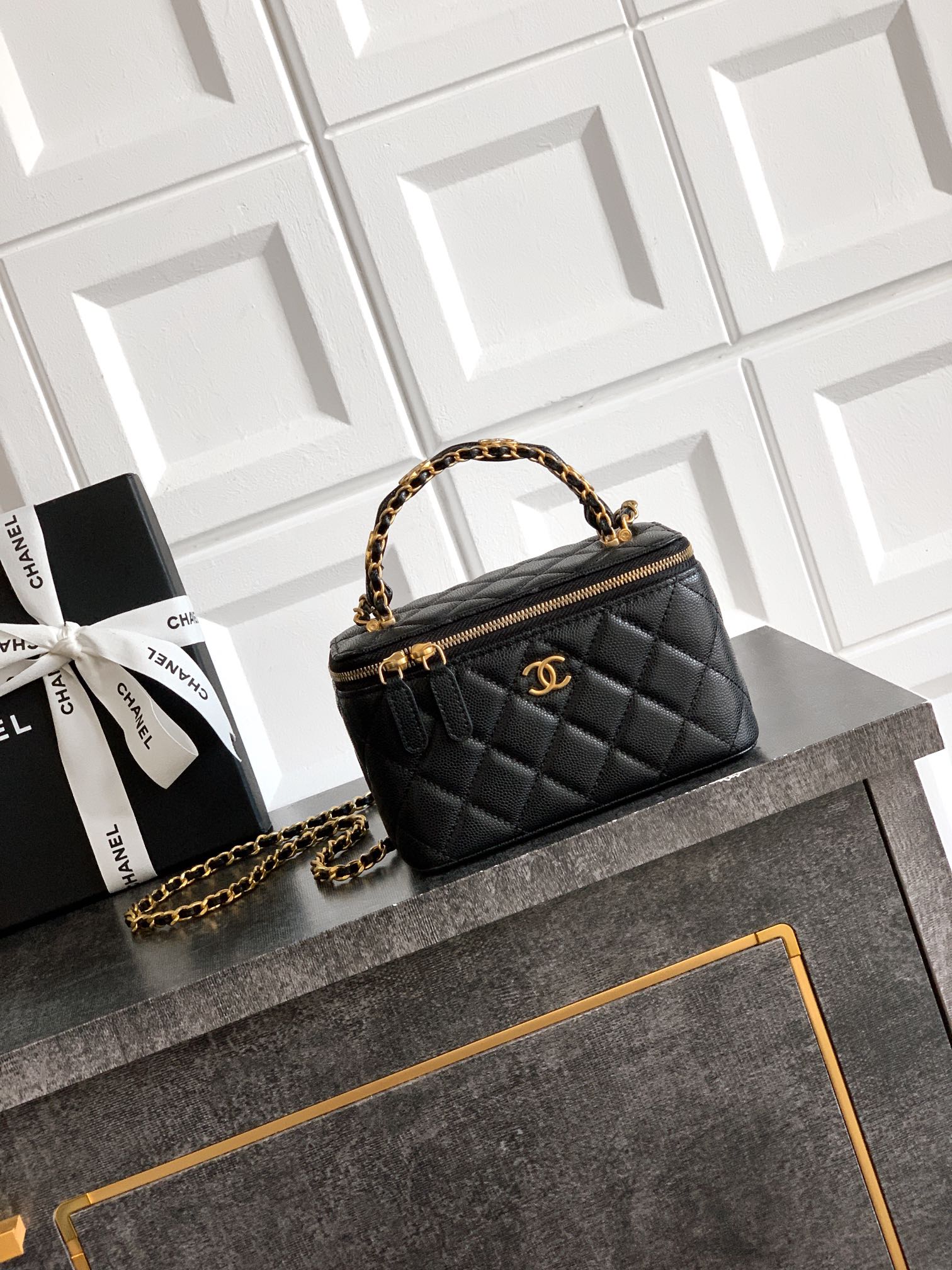 Chanel Black Quilted Leather Vanity Case with Chain Handle, 9.5x17x8cm