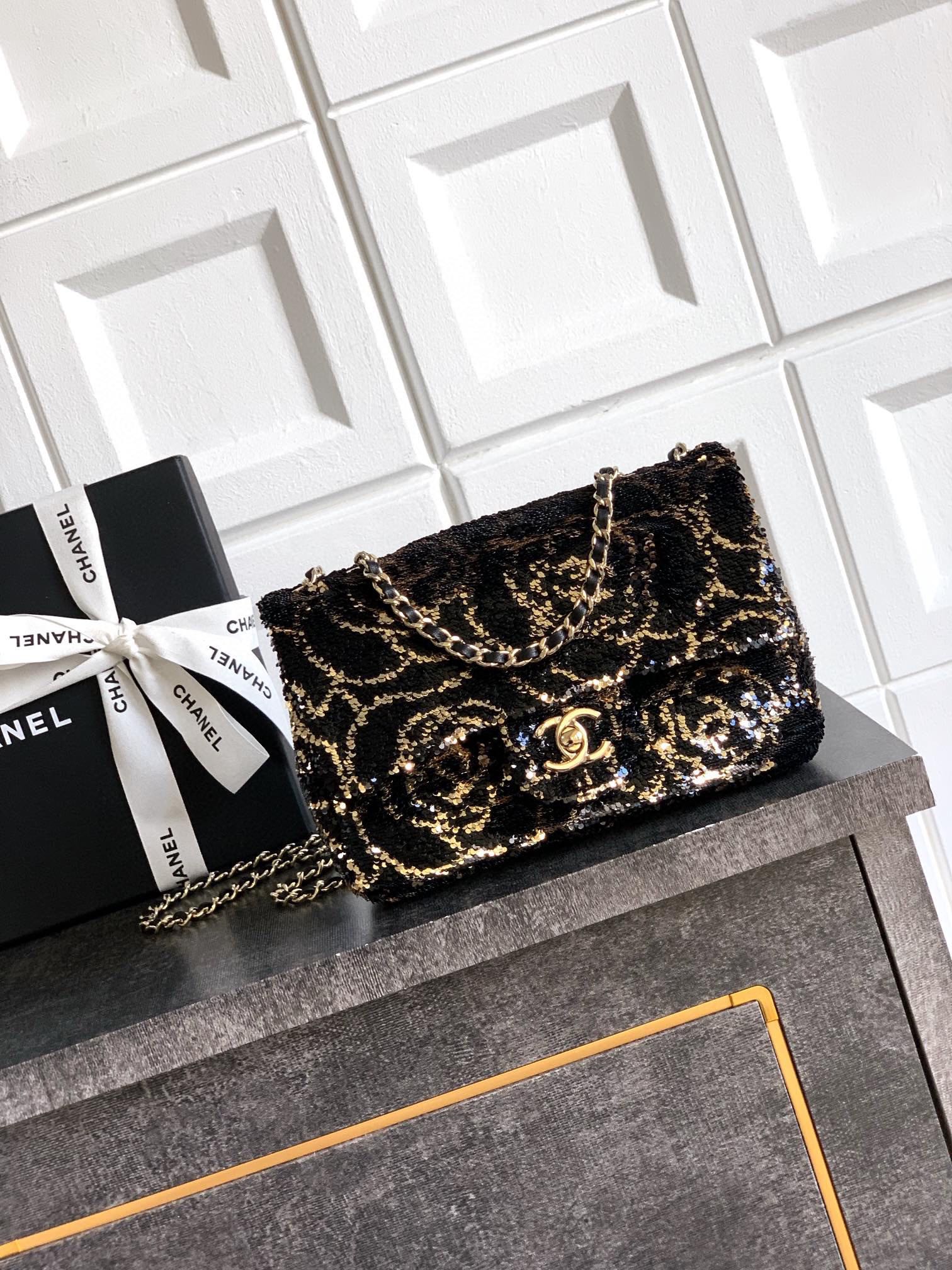 Chanel 25A Black Gold Camellia Sequin CF Flap Bag, 20cm