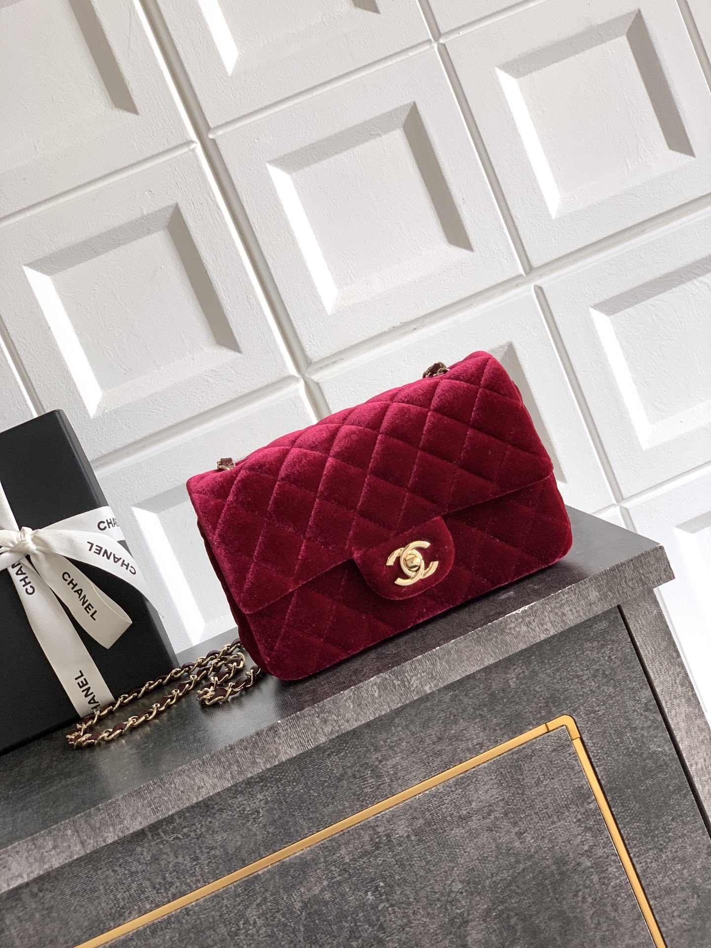 Chanel Velvet Flap Bag, Burgundy Quilted Design, Gold Hardware, Chain Strap