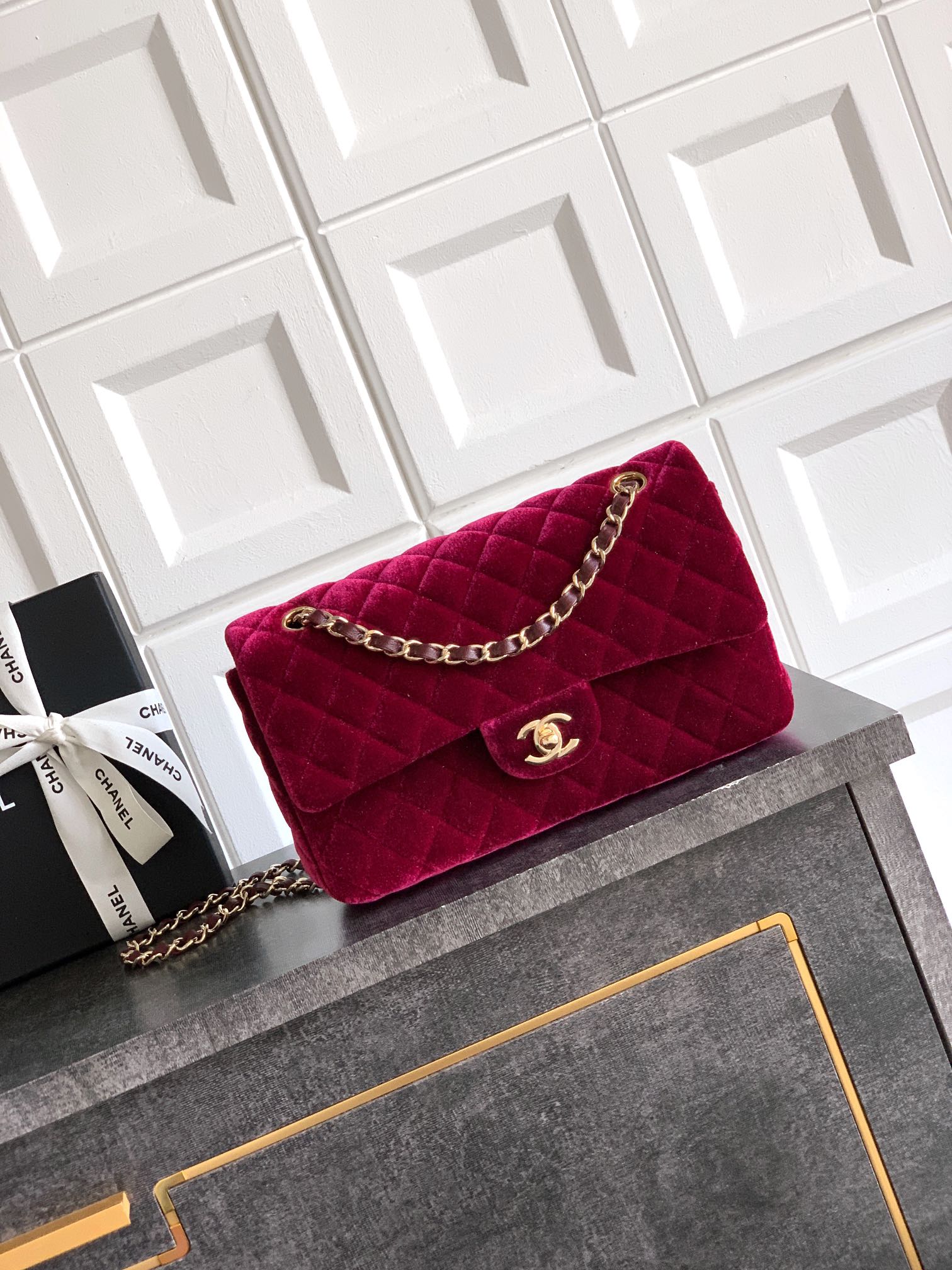 Chanel 2.55 Velvet Flap Bag, Wine Red, Quilted Design, Gold-Tone Hardware