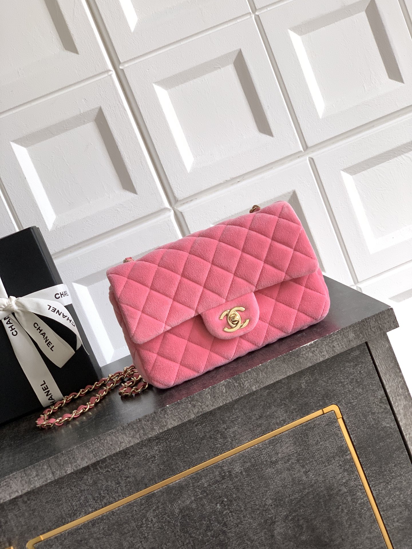 Chanel Pink Velvet Flap Bag, Quilted Design, Gold-Tone Hardware