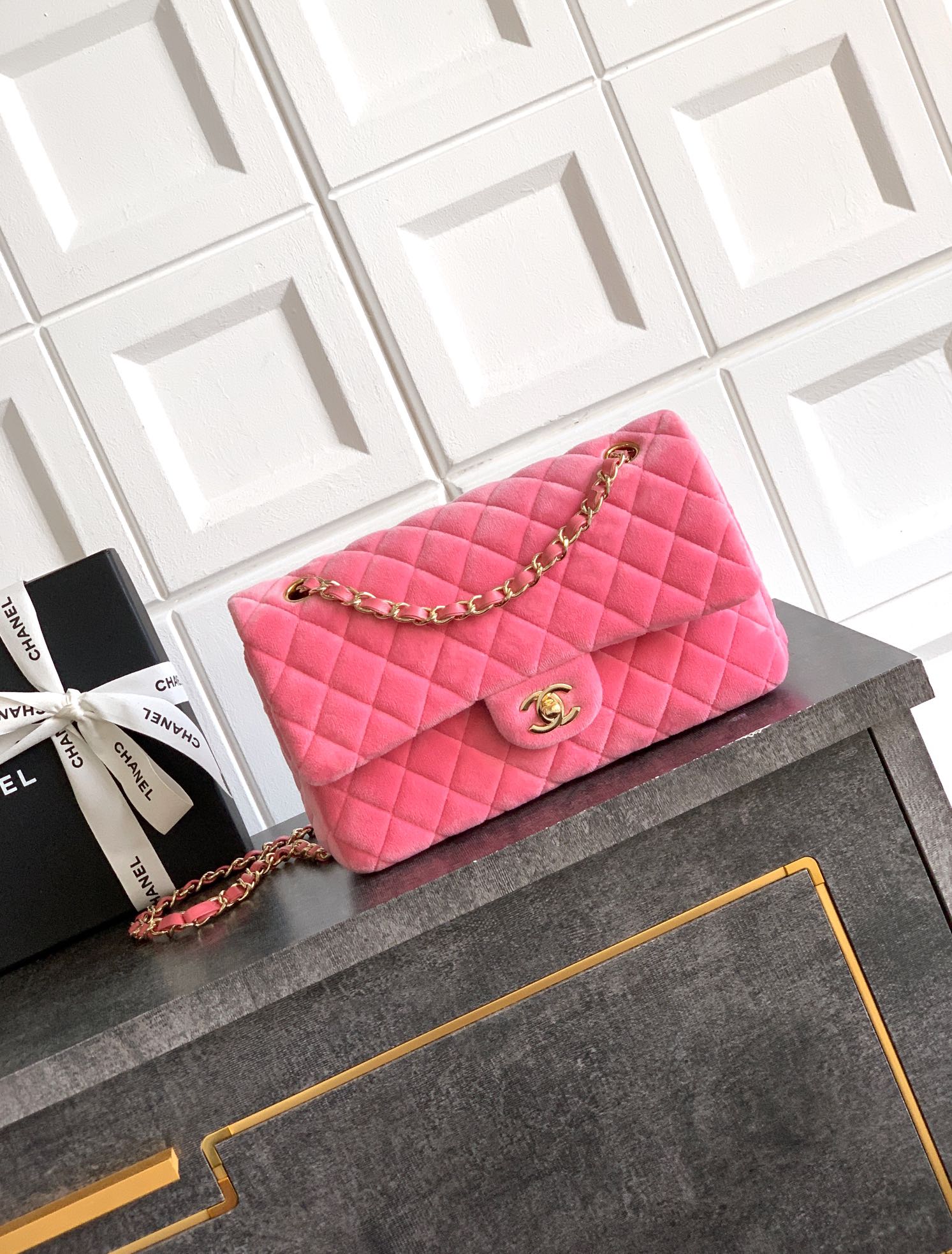 Chanel 2.55 Pink Velvet Flap Bag, Quilted Design, Gold-Tone Hardware, Elegant
