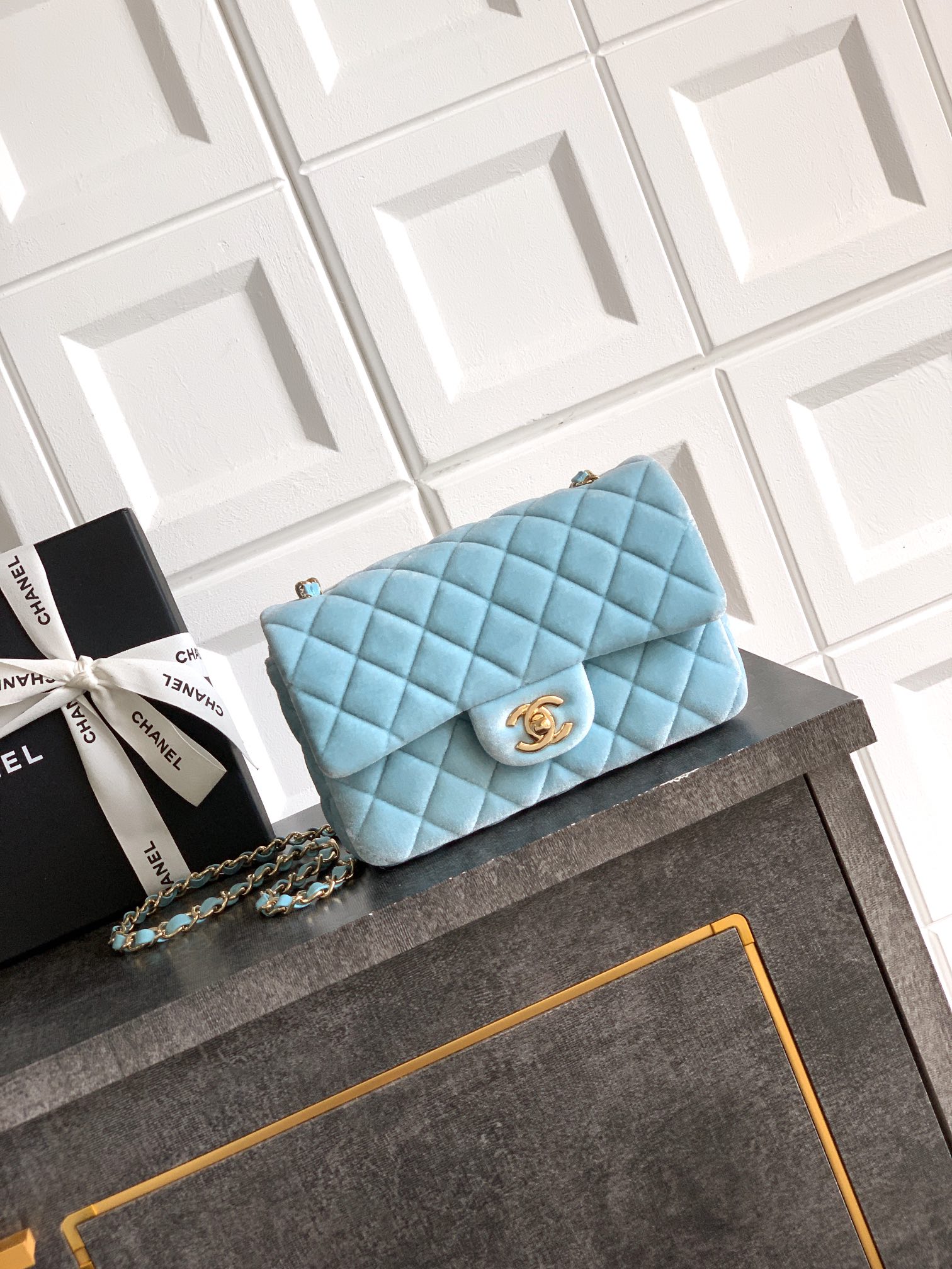 Chanel Lake Blue Velvet Quilted Flap Bag, Elegant and Luxurious