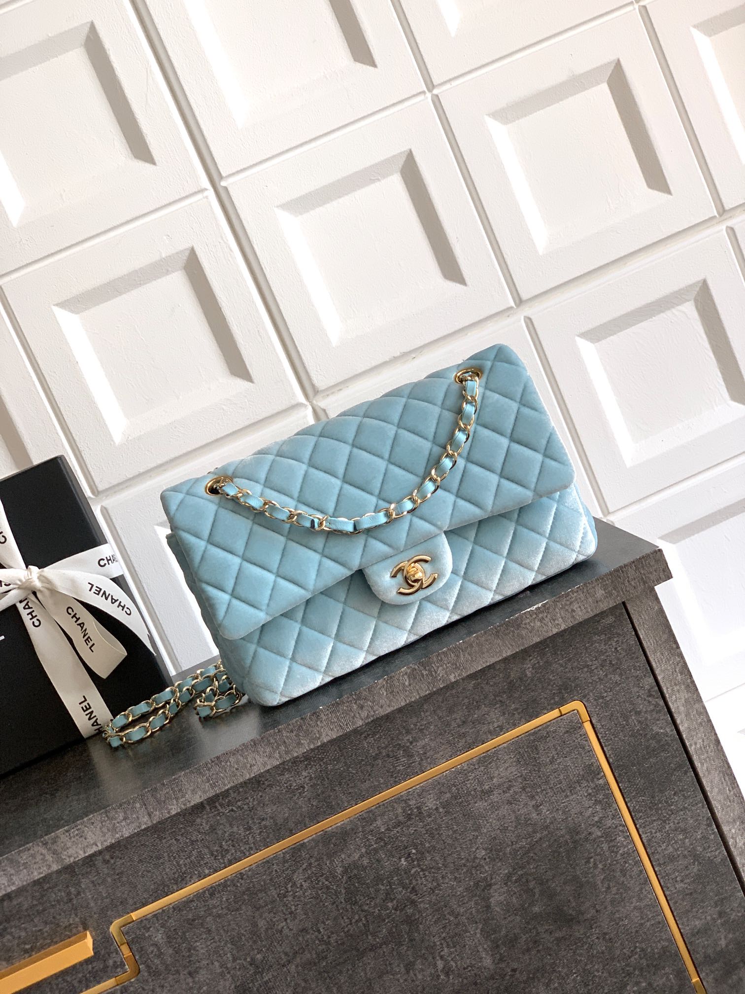 Chanel 2.55 Double Flap Bag, Lake Blue Velvet with Gold Hardware, 25.5cm