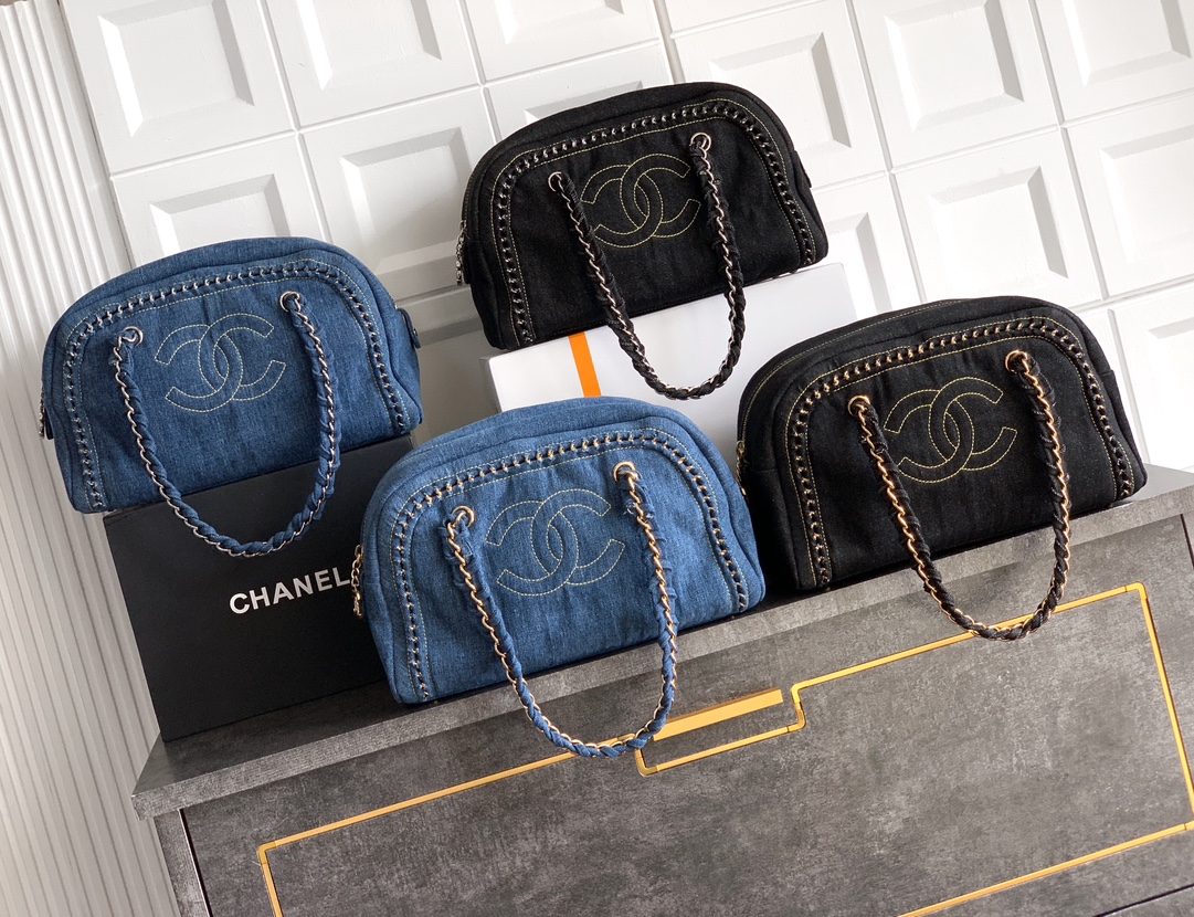 Chanel Denim Bowling Bag, Embossed Logo, Dual Top Handles, Zip Closure