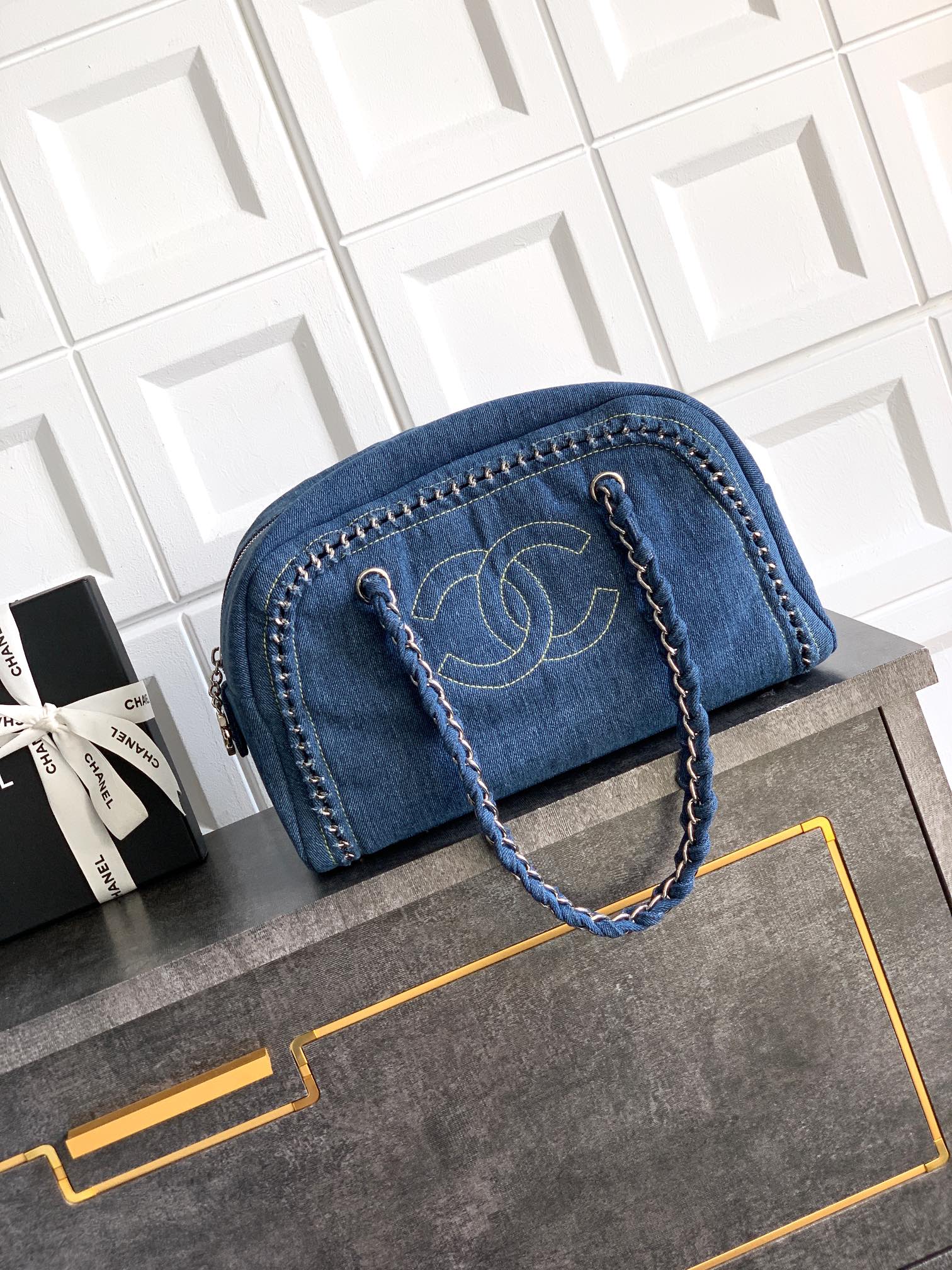 Chanel Denim Bowling Bag, Classic Boston Bag with Silver Hardware