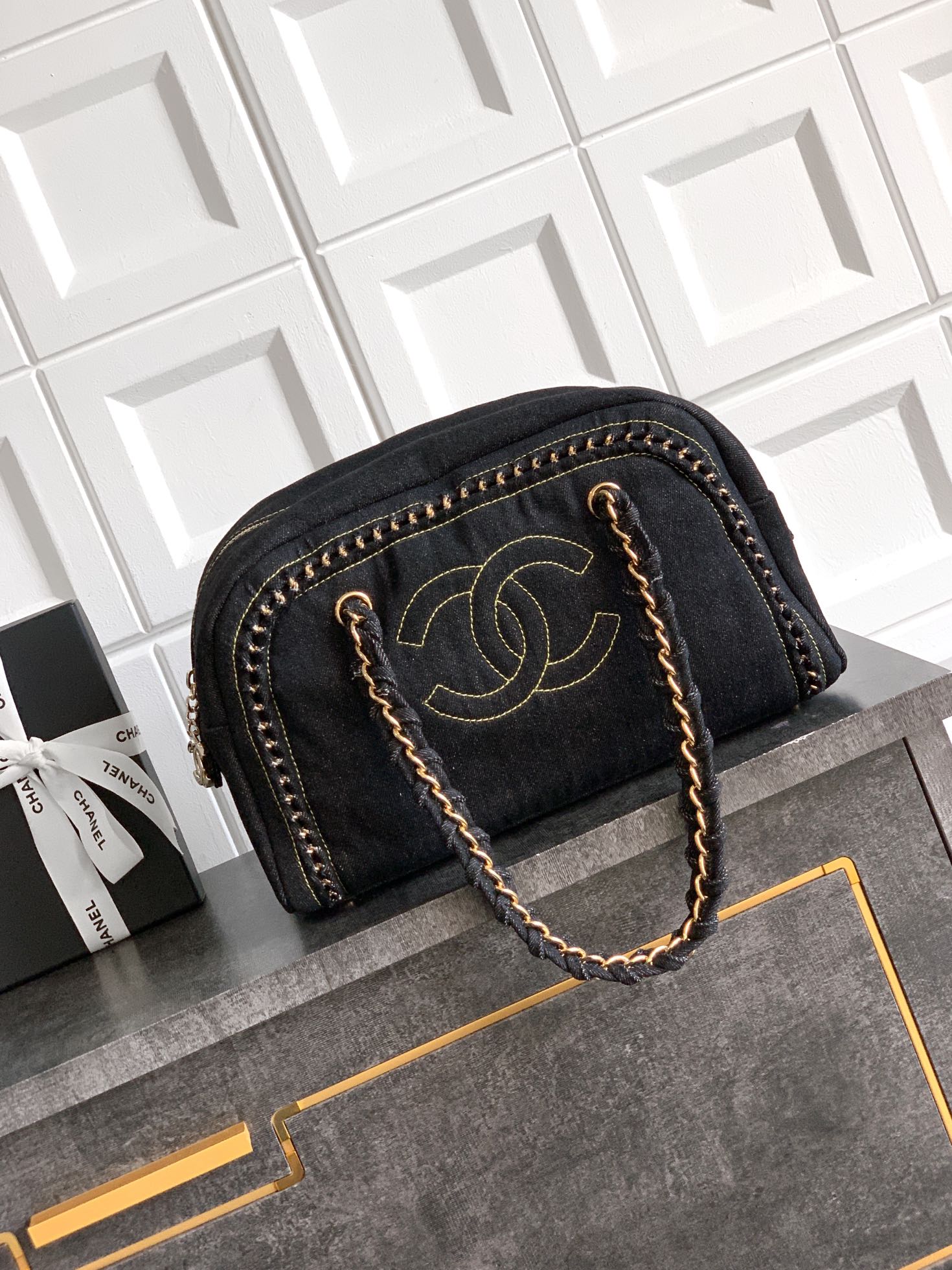 Chanel Black Denim Bowling Bag with Gold Hardware, 33x20.5x15 cm