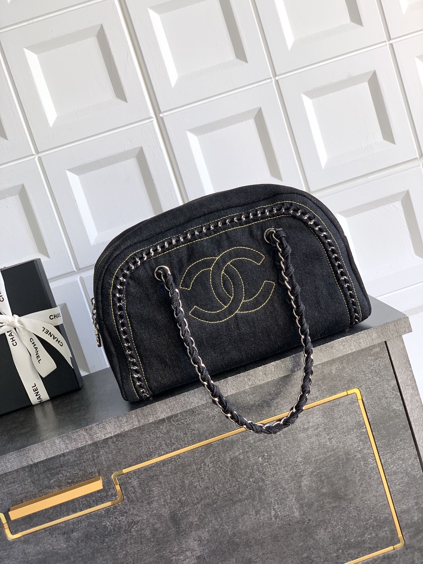 Chanel Black Denim Boston Bowling Bag with Silver Hardware, 33x20.5x15 cm