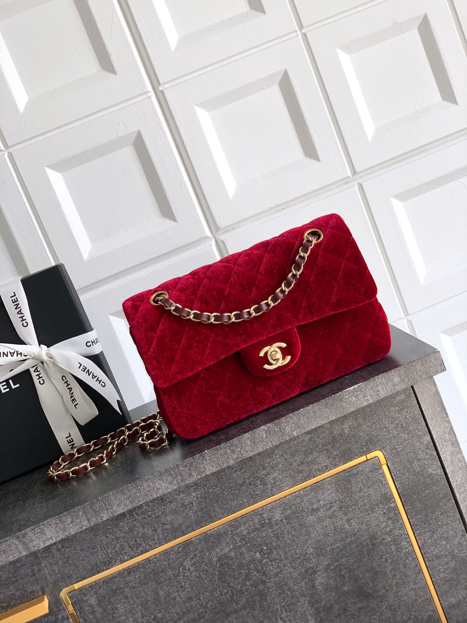 Chanel Velvet Flap Bag 23cm, Red, Diamond Quilted Crossbody Bag