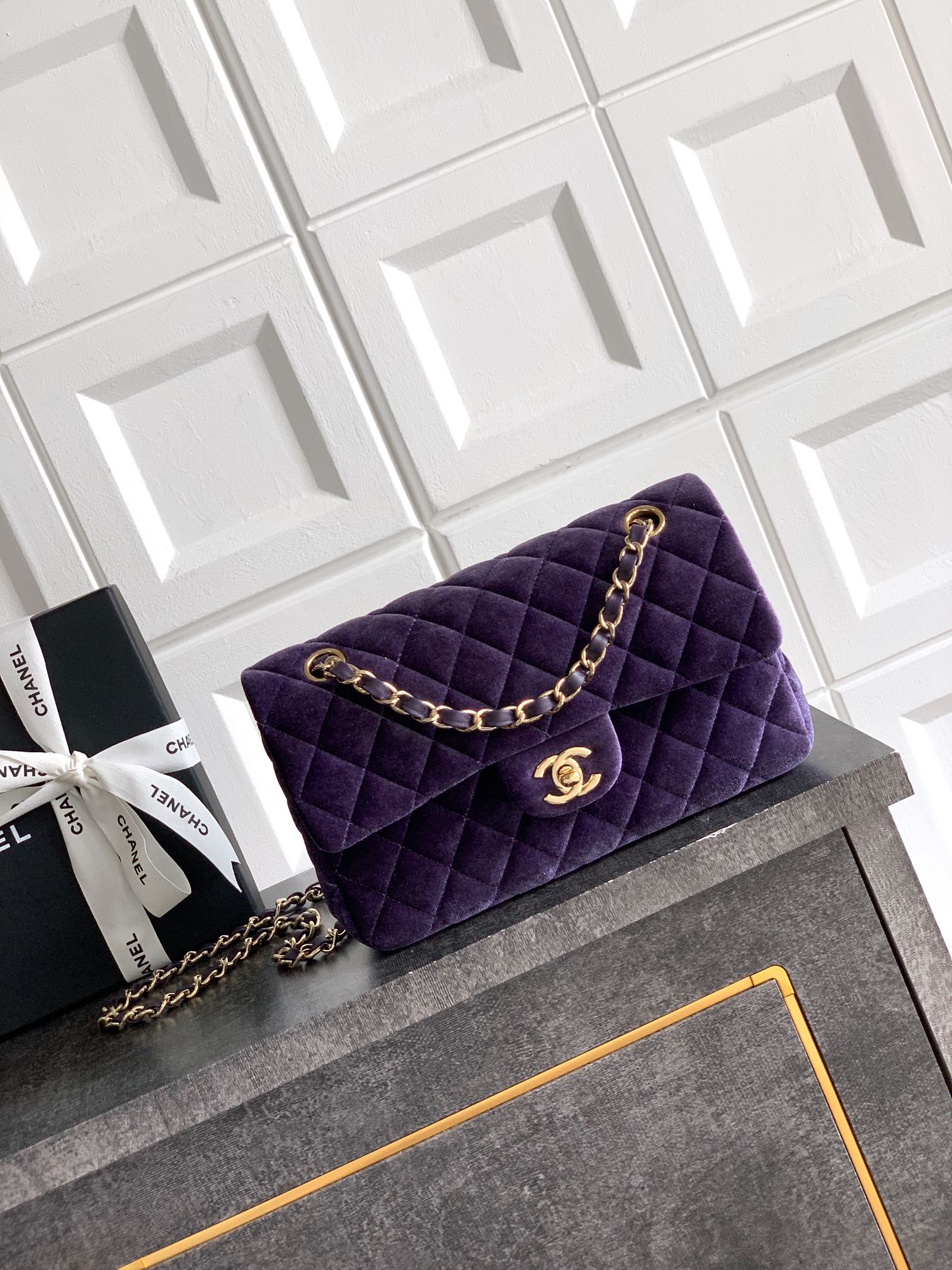 Chanel Velvet Flap Bag 23cm, Purple Quilted Design with Golden Hardware