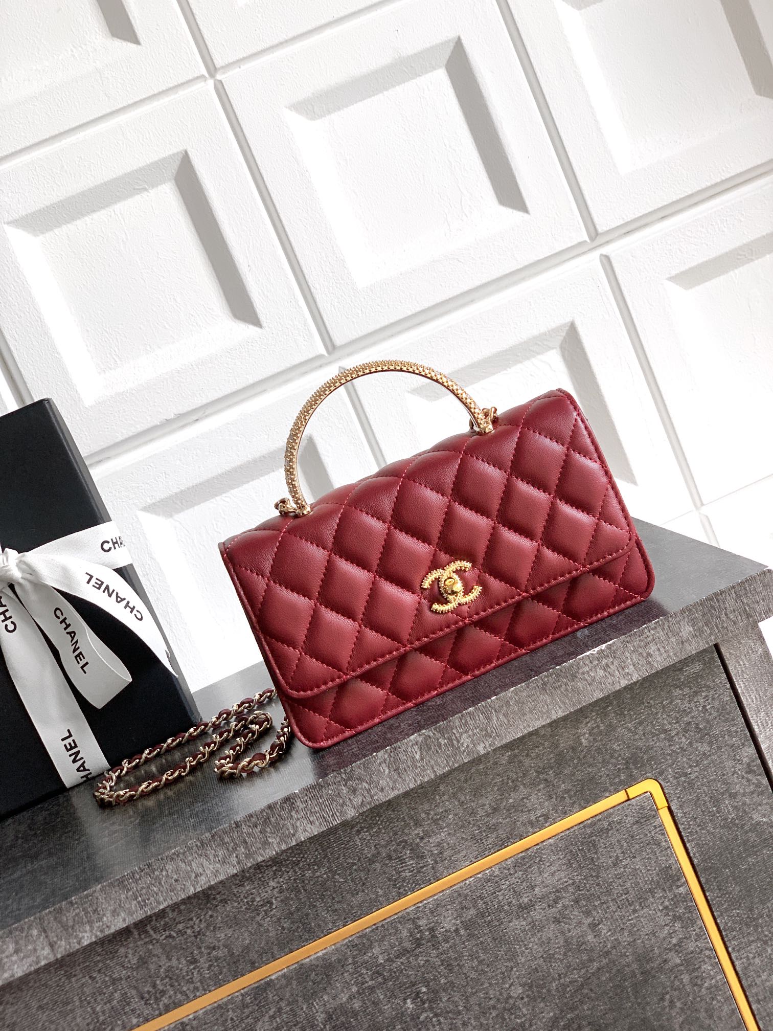 Chanel Burgundy Quilted Leather Mini Accordion Bag with Rhinestone Handle