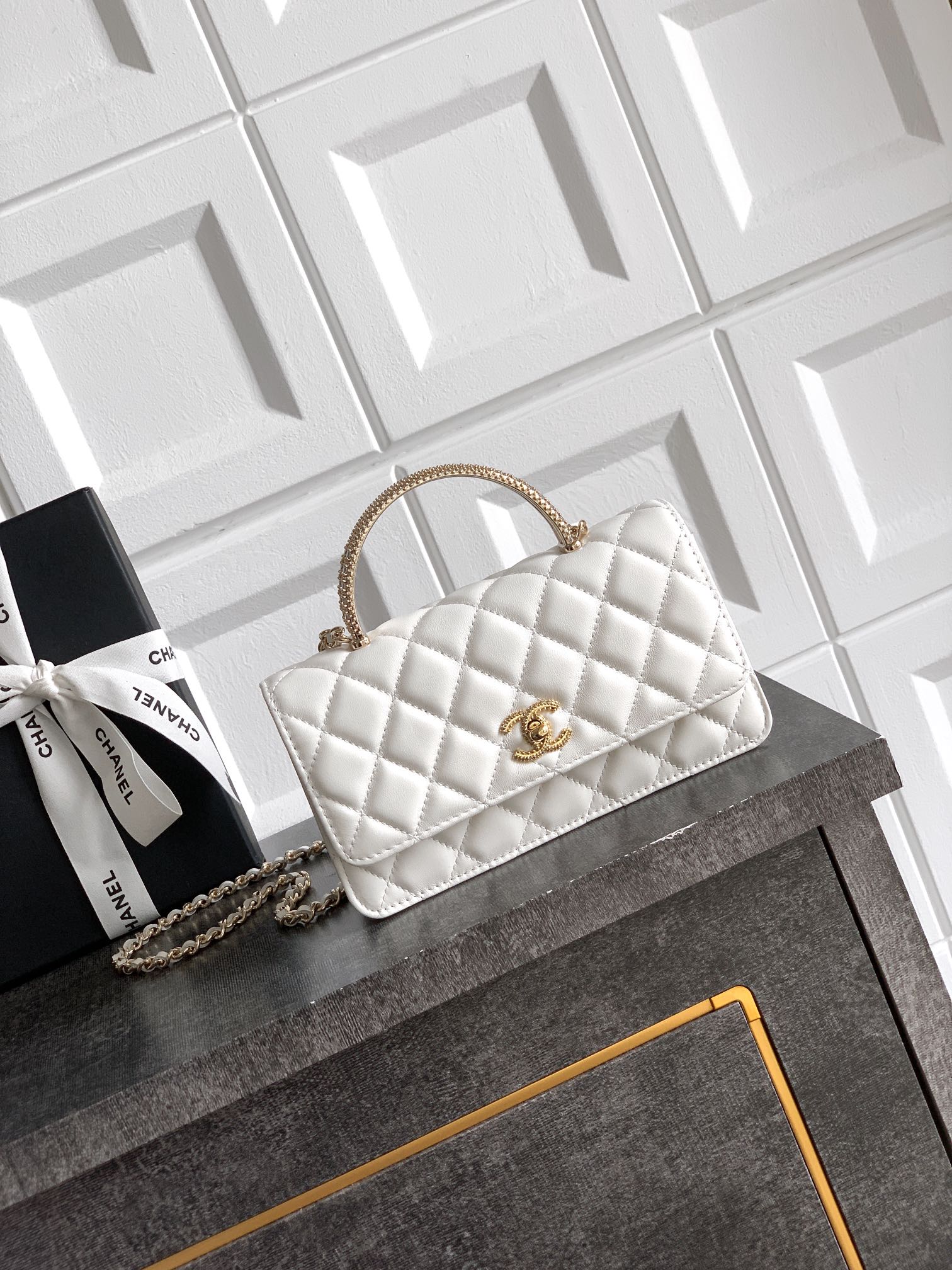 CHANEL 25B White Lambskin Accordion Bag with Rhinestone Handle