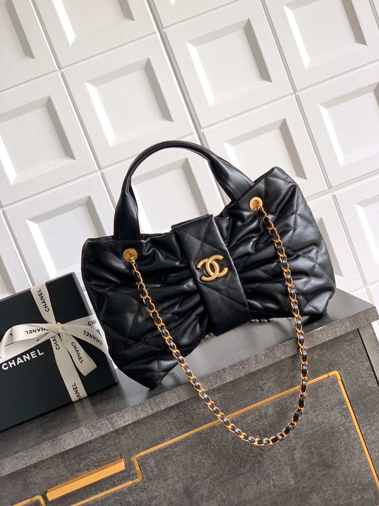 Chanel Black Lambskin Bow Flap Bag with Gold Chain