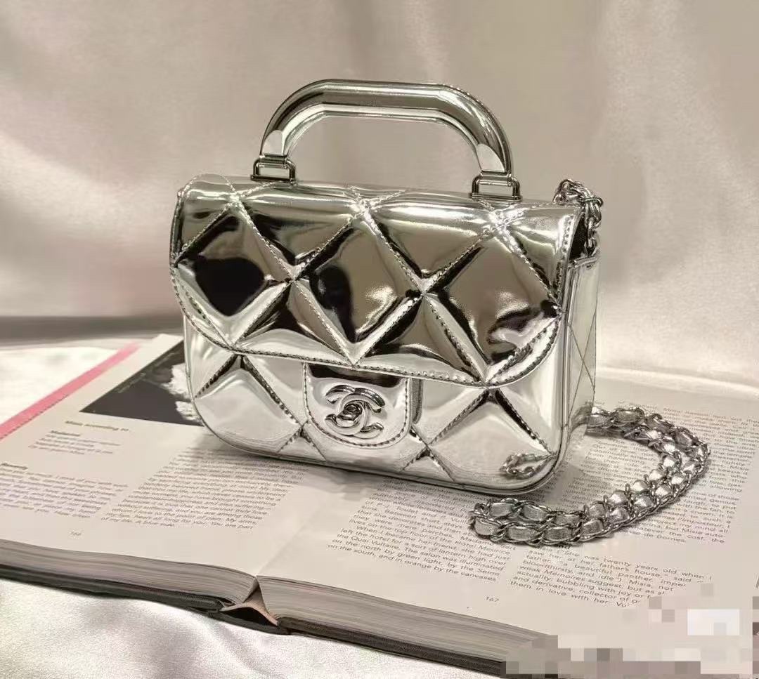 Chanel Silver Metallic Quilted Small Top Handle Flap Bag, 18 cm