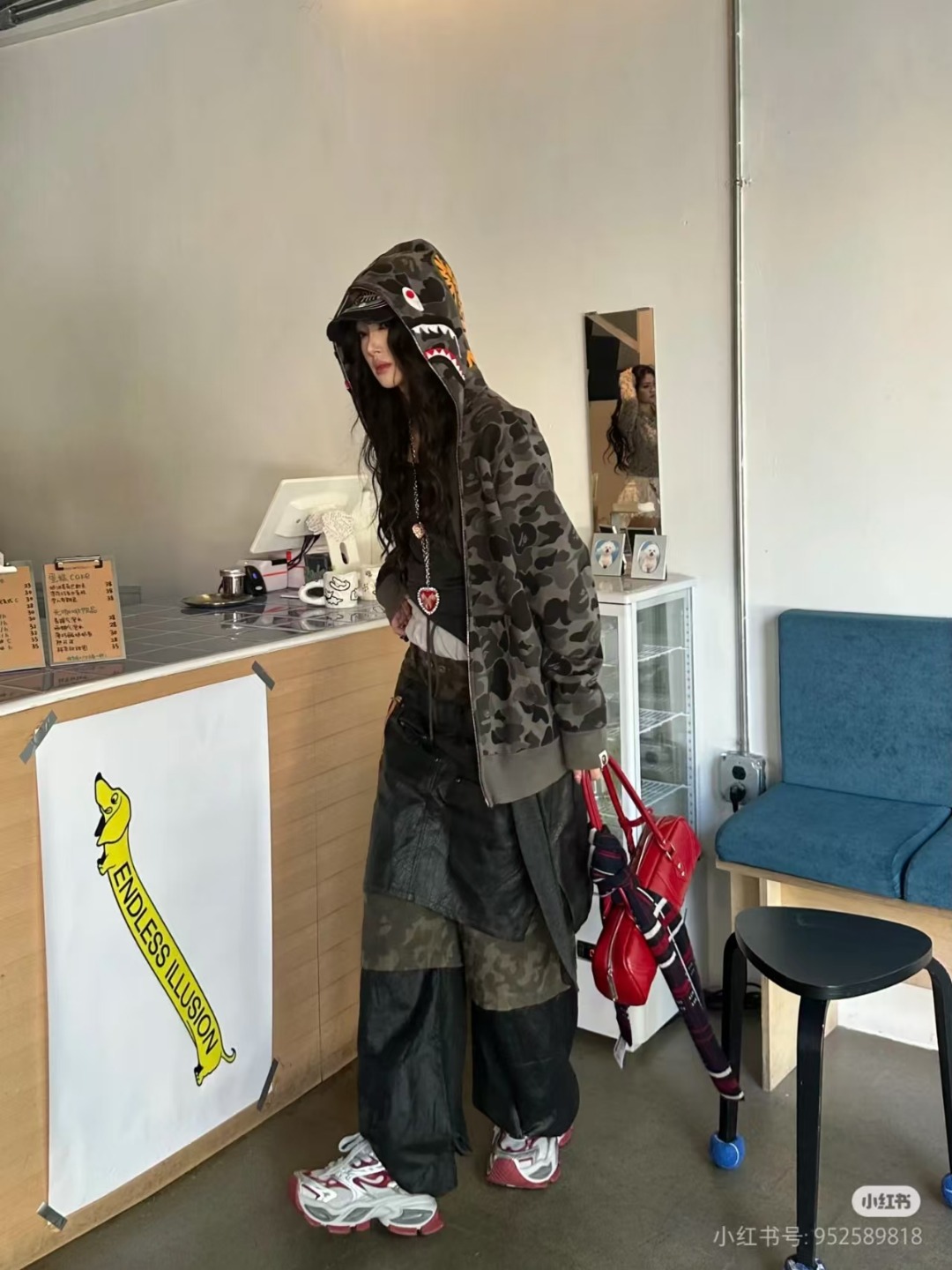 BAPE 鲨鱼头老虎头拉链迷彩单帽帽衫 上身效果#