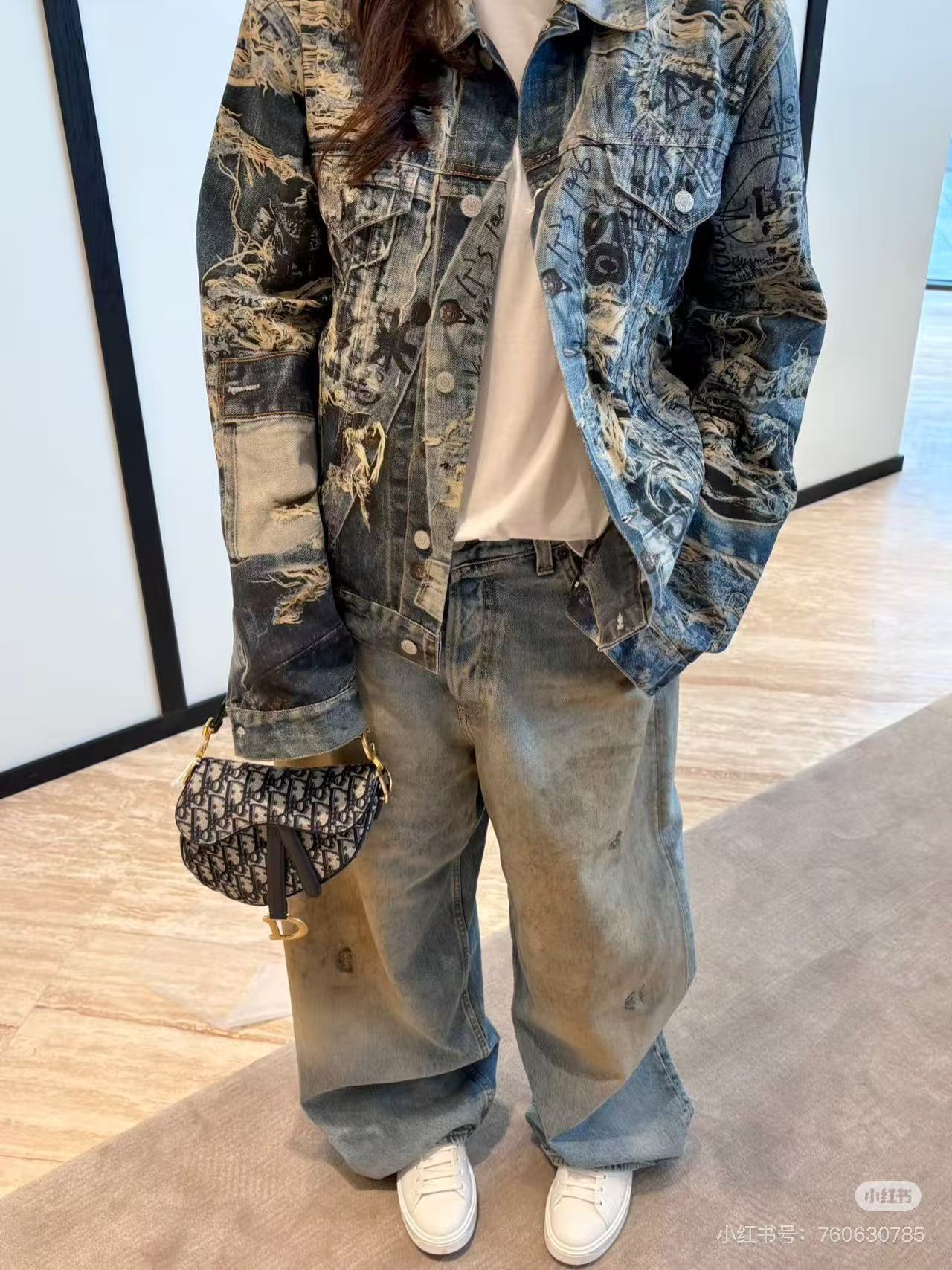 Acne Studios 2023M错视糜烂破坏涂鸦3D打印bay宽松撕裂涂鸦打印外套牛仔 上身效果#