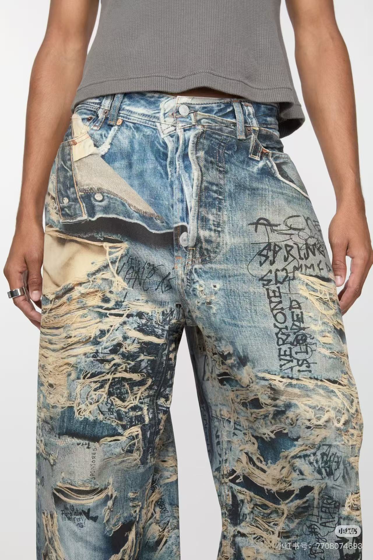 Acne Studios 2023M错视糜烂破坏涂鸦3D打印bay宽松撕裂涂鸦打印牛仔裤 上身效果#