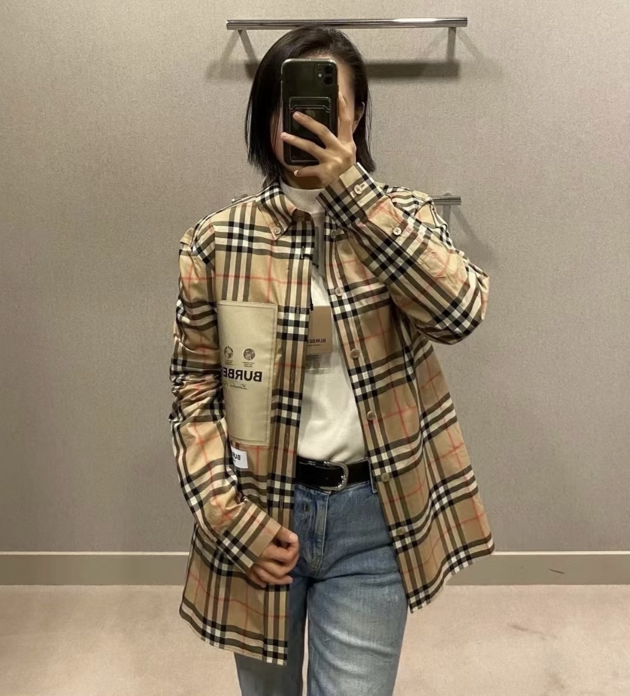 Burberry/巴宝莉 标签贴布格纹长袖衬衫