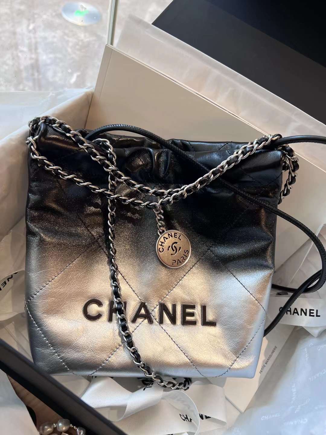 Chanel 24 early spring new black and silver gradient mini 22bag garbage bag