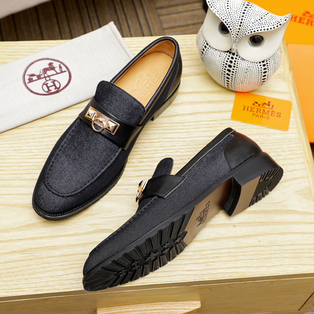 Hermes Men's Black Leather Loafers - Casual Business Shoes Size 39-44 6 i1704438596 6479 0