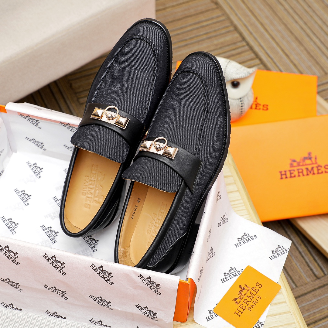 Hermes Men's Black Leather Loafers - Casual Business Shoes Size 39-44 4 i1704438596 7386 0
