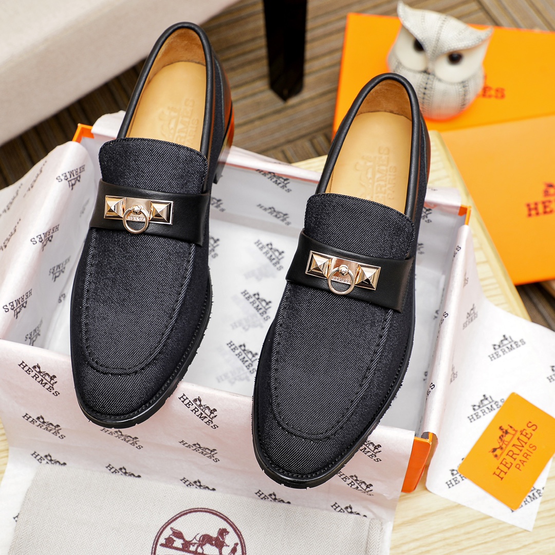 Hermes Men's Black Leather Loafers - Casual Business Shoes Size 39-44 3 i1704438596 9694 0