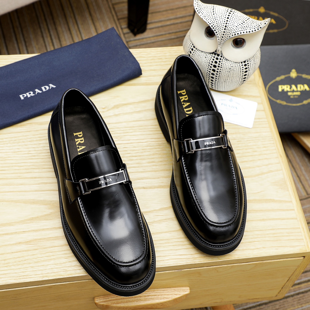 Prada Men's Leather Loafers With Metal Buckle - Black, Comfortable & Durable 1 Prada Men's Leather Loafers With Metal Buckle - Black, Comfortable & Durable