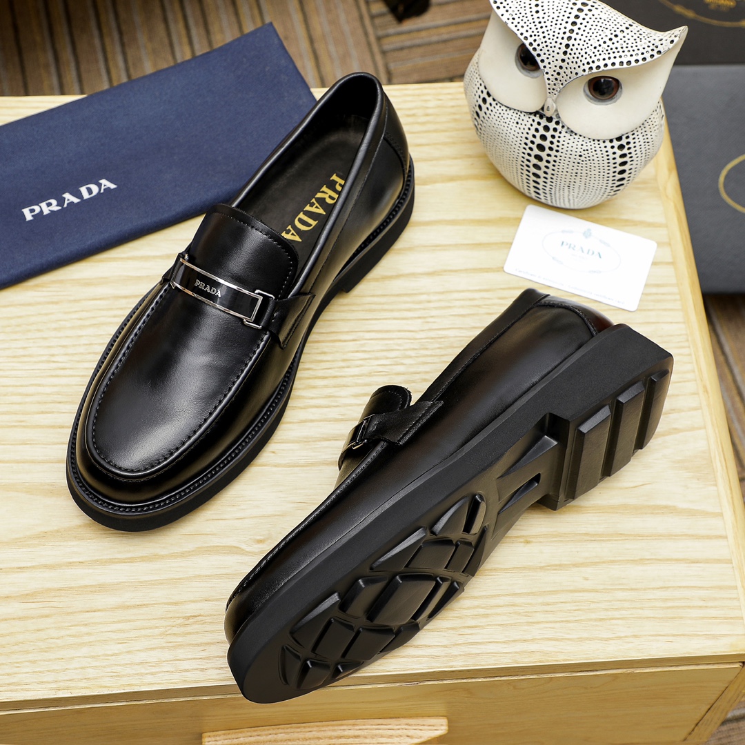 Prada Black Leather Loafers with Silver Buckle, Men's Classic Dress Shoes 6 i1711336040 1307 4