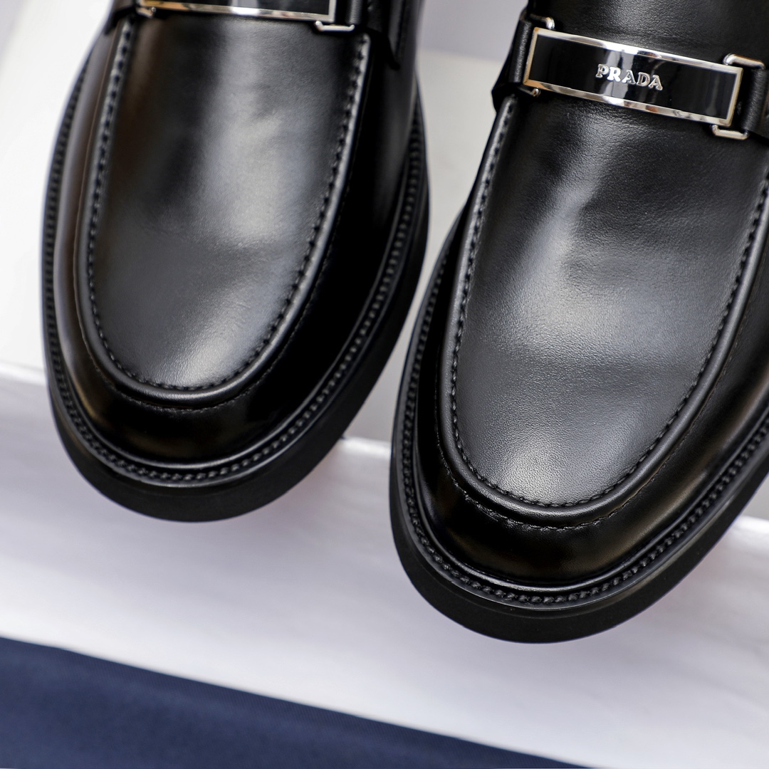 Prada Black Leather Loafers with Silver Buckle, Men's Classic Dress Shoes 7 i1711336040 1356 6