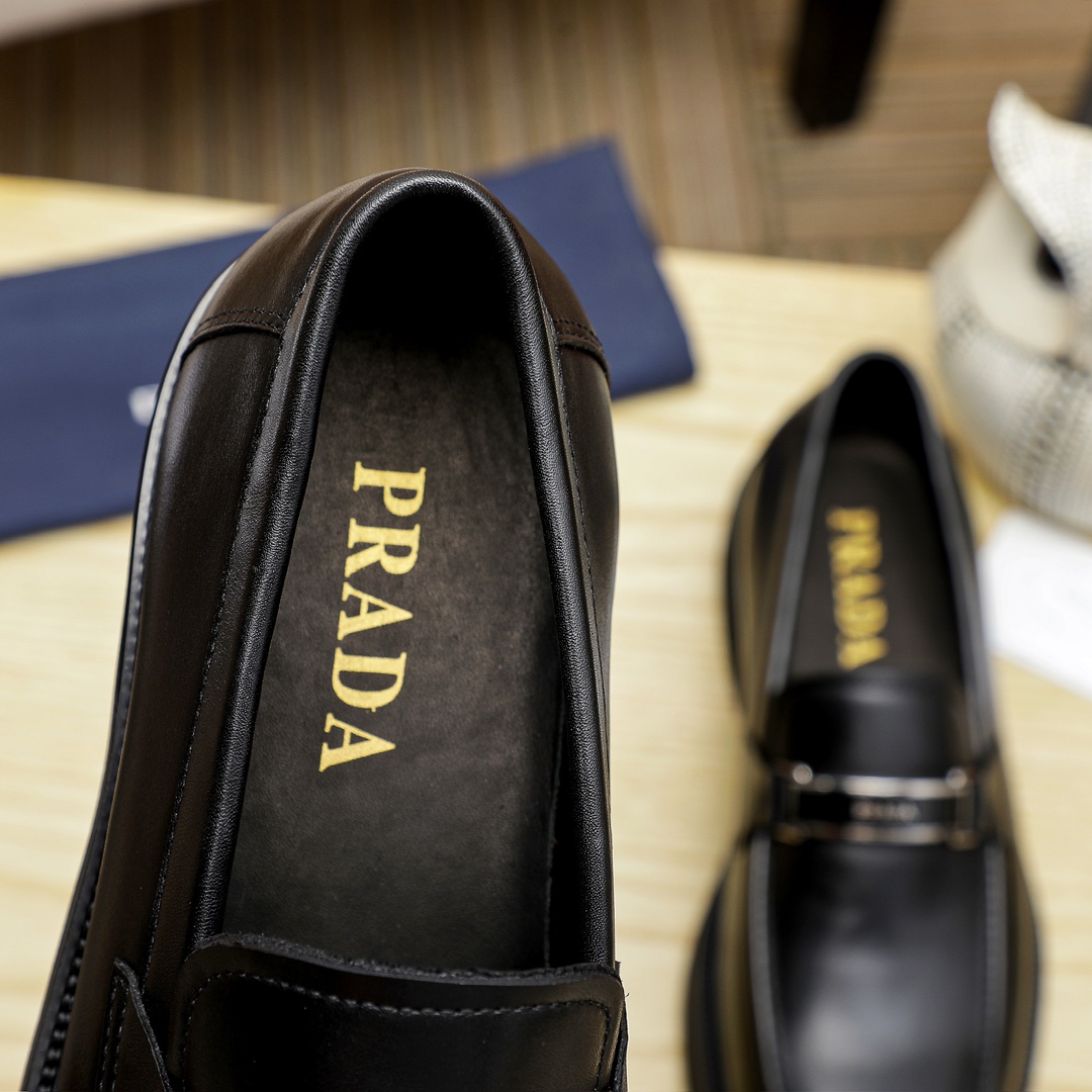 Prada Black Leather Loafers with Silver Buckle, Men's Classic Dress Shoes 8 i1711336040 4790 7