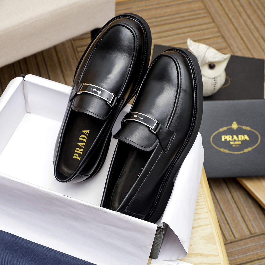 Prada Black Leather Loafers with Silver Buckle, Men's Classic Dress Shoes 4 i1711336040 5377 3