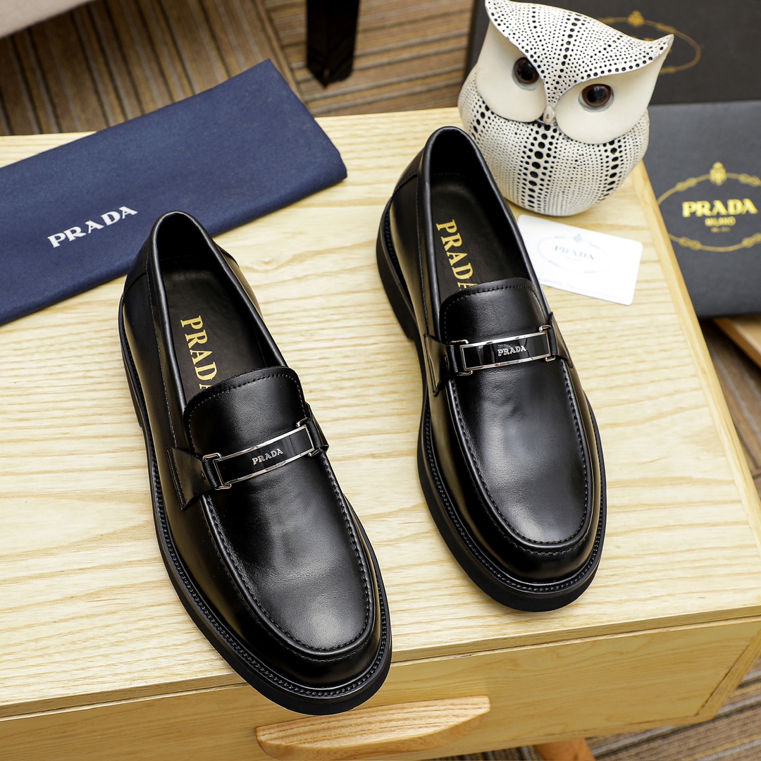 Prada Black Leather Loafers with Silver Buckle, Men's Classic Dress Shoes 2 i1711336040 7022 1