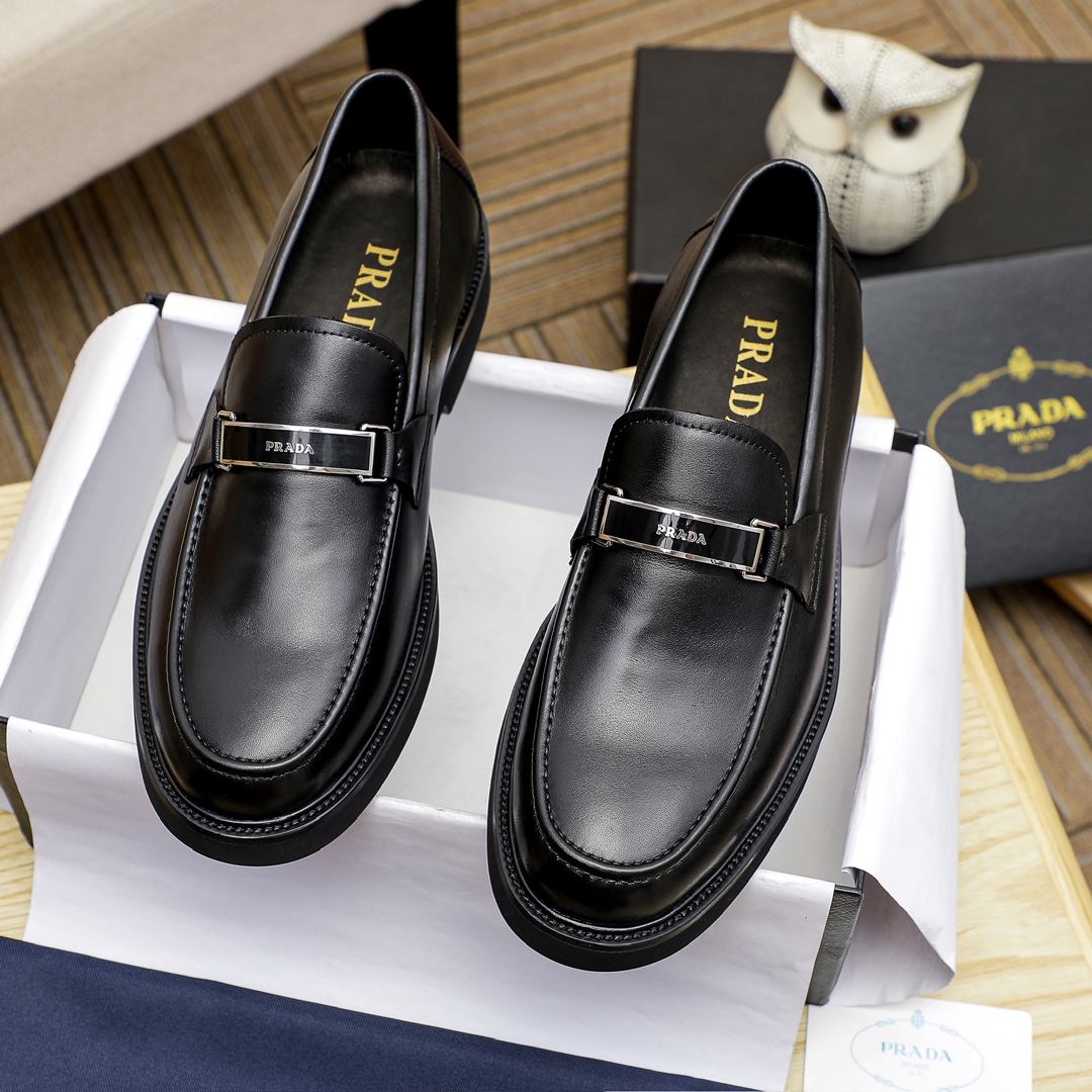 Prada Black Leather Loafers with Silver Buckle, Men's Classic Dress Shoes 3 i1711336040 7467 8