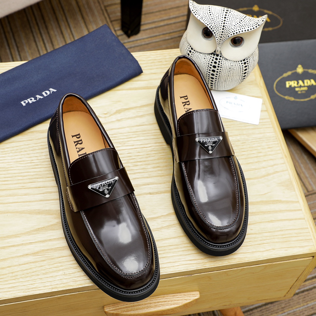 Prada Men's Leather Loafers with Iconic Logo, Brown Color, Size 38-44 1 Prada Men's Leather Loafers with Iconic Logo, Brown Color, Size 38-44