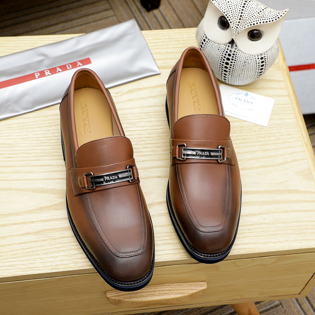 Prada Men's Leather Loafers with Metal Buckle Detail, Brown Color 1 Prada Men's Leather Loafers with Metal Buckle Detail, Brown Color