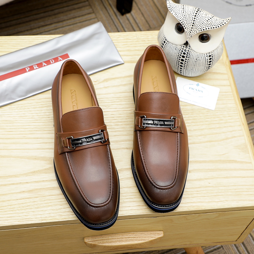Prada Men's Leather Loafers with Metal Logo Accent - Brown 2 i1729649845 2301 4