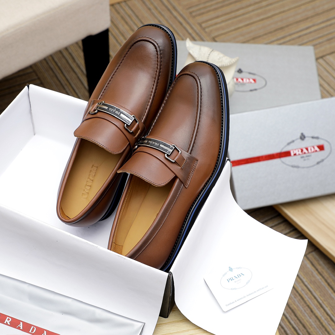 Prada Men's Leather Loafers with Metal Logo Accent - Brown 4 i1729649845 6206 7