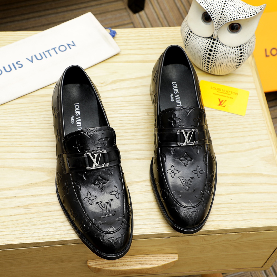 Louis Vuitton Black Leather Loafers with Monogram Embossed Design