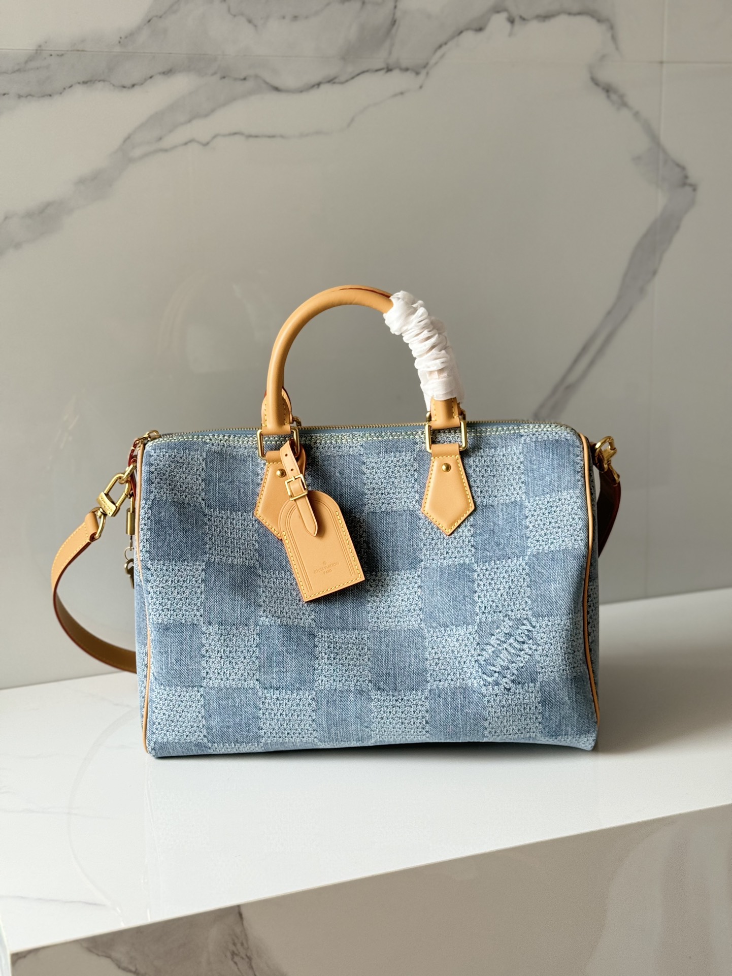 Louis Vuitton LV Speedy Sacs À Main Bleu Coton Cuir de vache Tissu coton bleu Collection printemps – été N40701