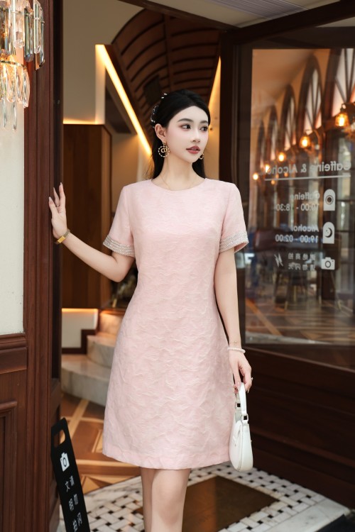 Elegant Jacquard Knit Dress with Beaded Sleeves in Pink and Yellow 1 Elegant Jacquard Knit Dress with Beaded Sleeves in Pink and Yellow
