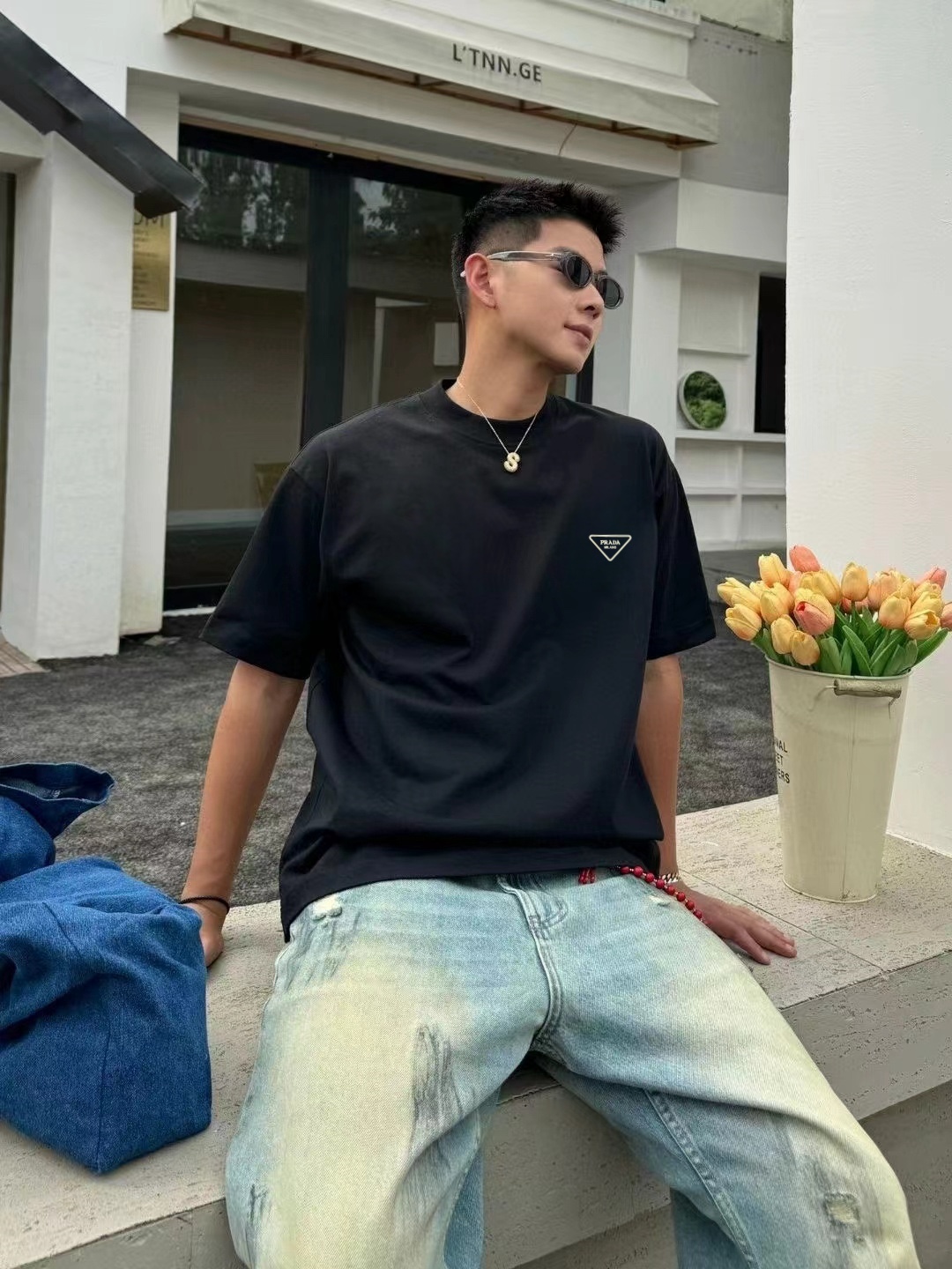 【Alta calidad】pra Prada 2024ss primavera/verano camiseta de cuello redondo de algodón puro, logo impreso con letras min…