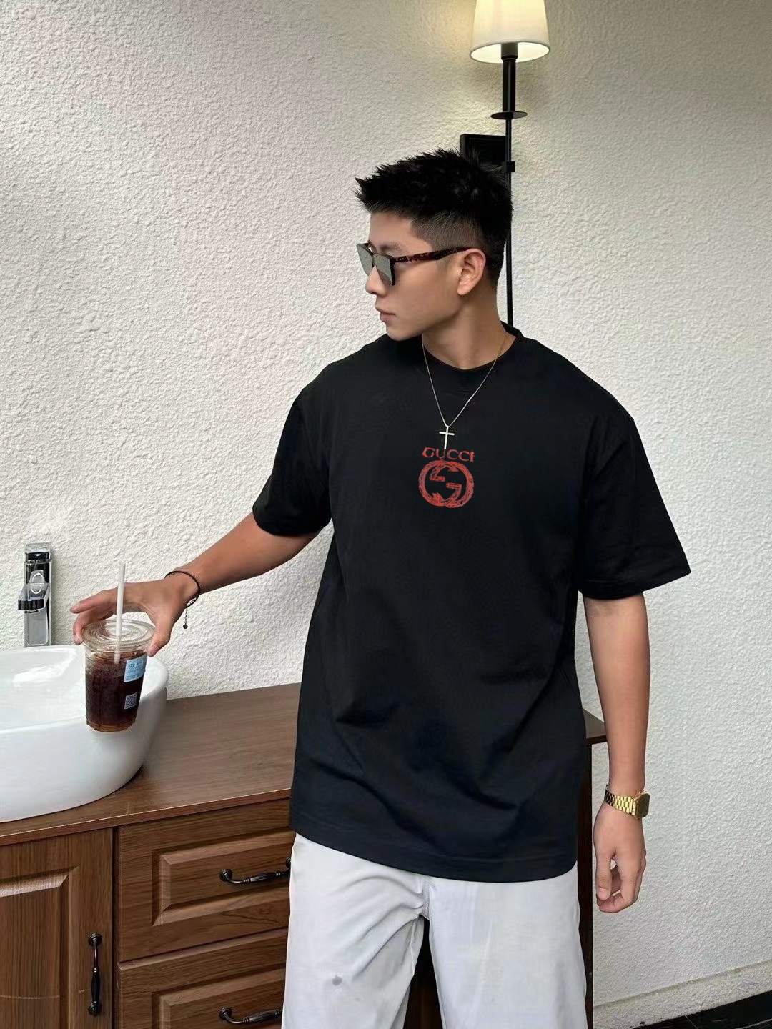 【Alta calidad】GU*Gucci*2024ss primavera/verano Camiseta de cuello redondo de manga corta de algodón puro, última colecc…