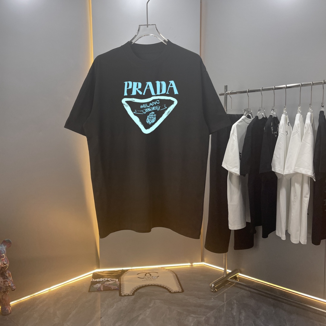 【Alta calidad】pra Pula 2024ss primavera/verano camiseta de manga corta con cuello redondo de algodón puro, diseño de lo…
