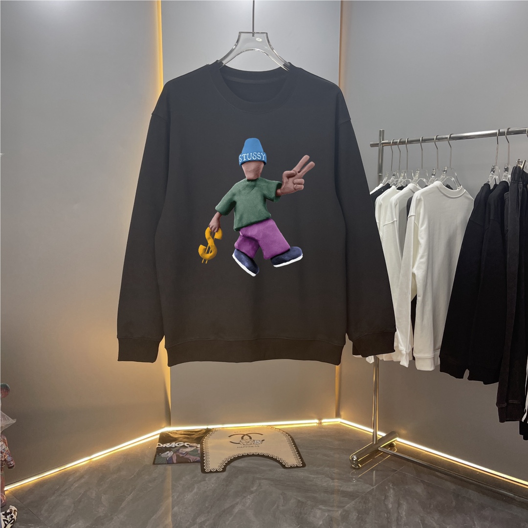 【Alta calidad】Sudadera de cuello redondo de moda de algodón puro de Stussy 24ss otoño/invierno 400g, diseño de estampad…