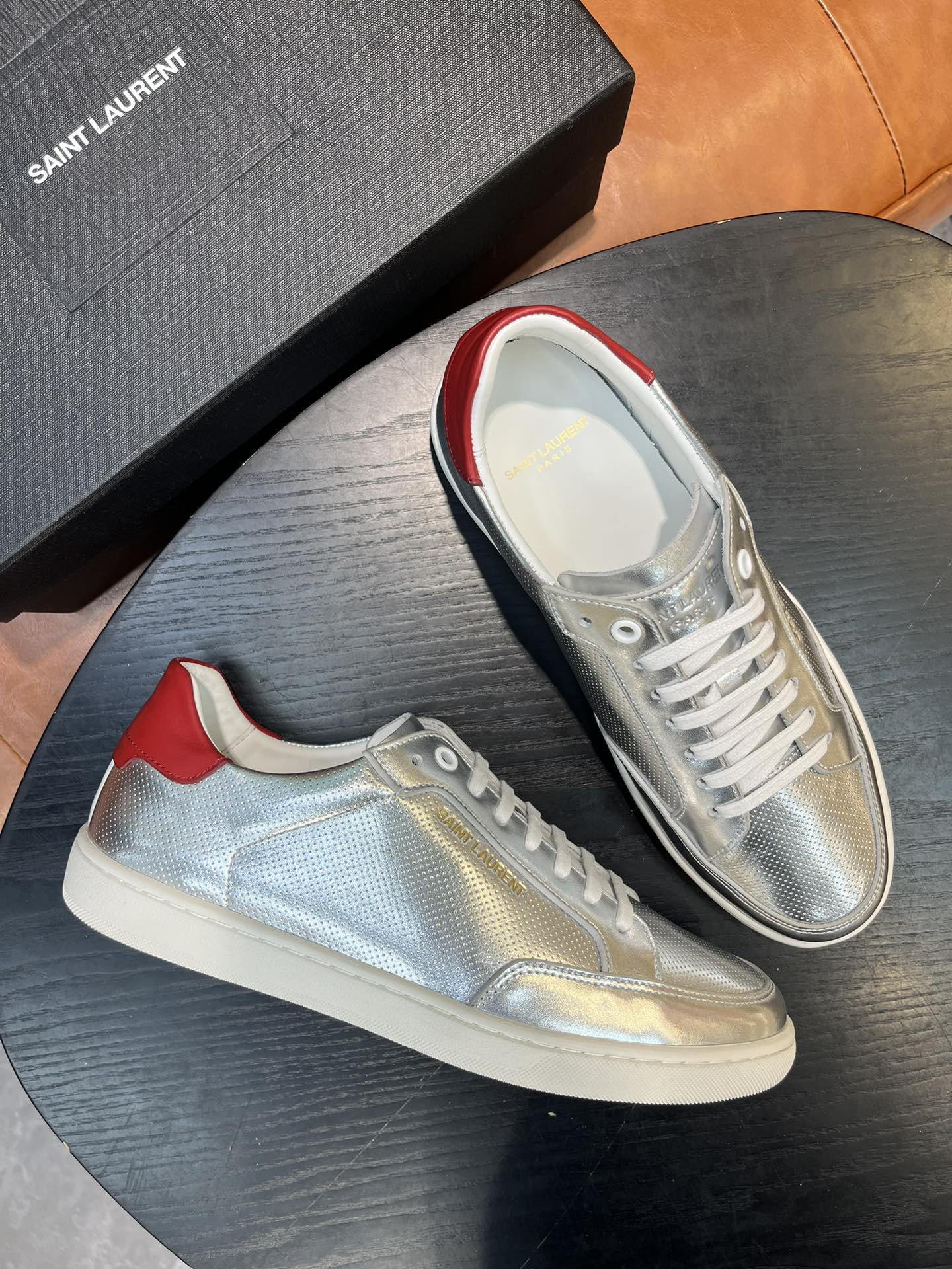 Yves Saint Laurent Metallic Leather Sneakers with Red Heel Tab 9 i1715597157 452 4