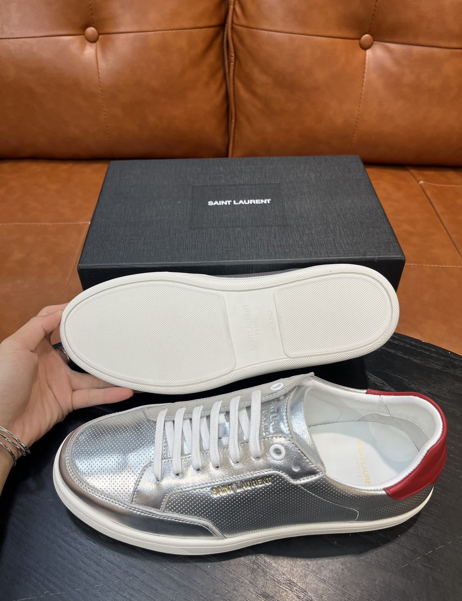 Yves Saint Laurent Metallic Leather Sneakers with Red Heel Tab 4 i1715597158 3904 8