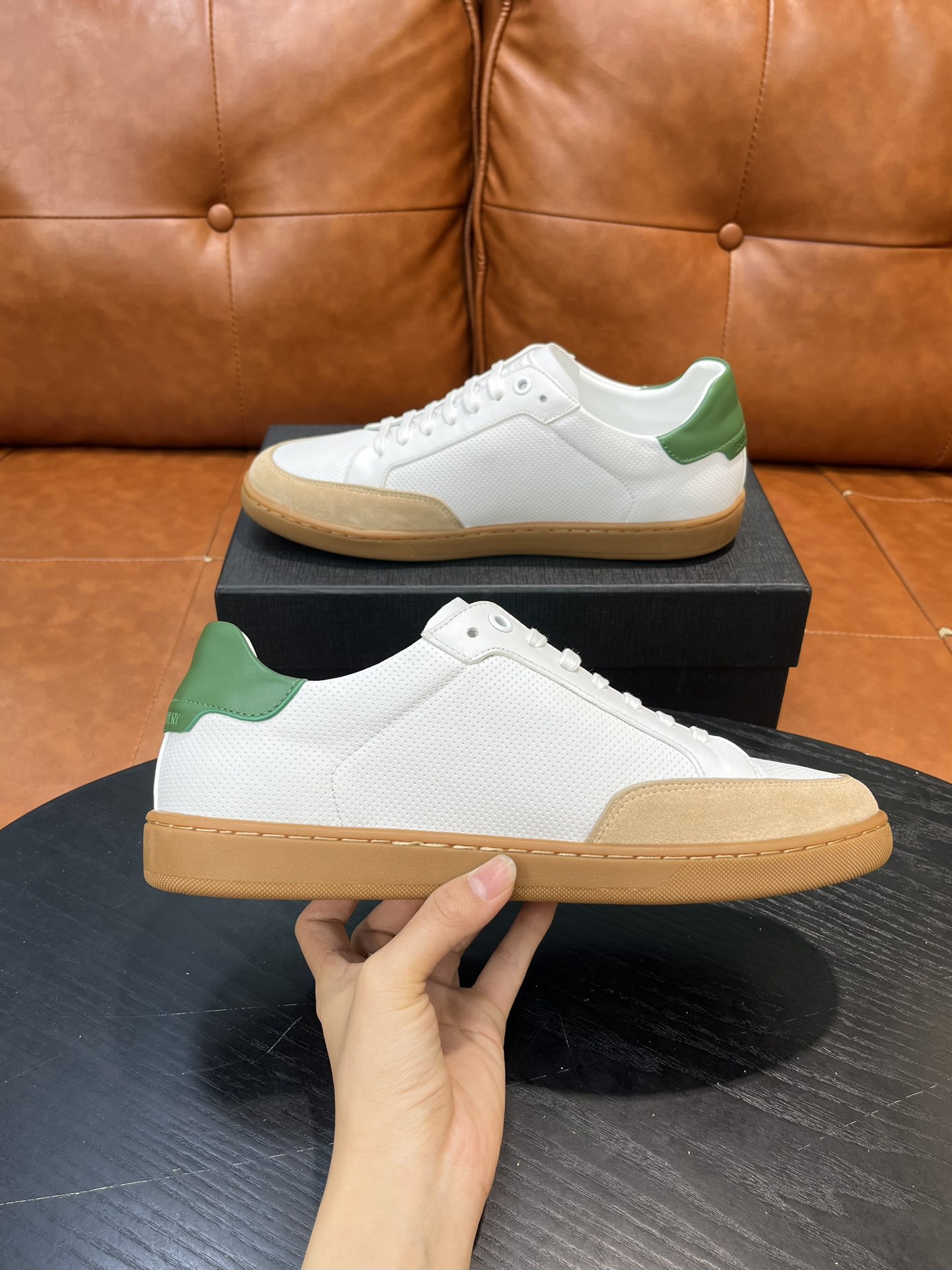 Yves Saint Laurent White Leather Sneakers with Green Heel Tab, Size 36-45 7 i1715597639 9782 8